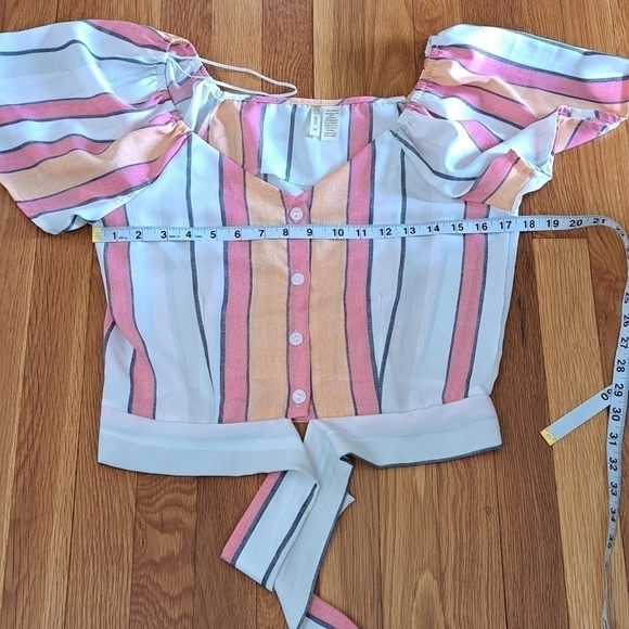 Japna Med Striped Creamsicle Short Sleeve Tie Waist Cropped Top  Blouse V-neck - Picture 9 of 10